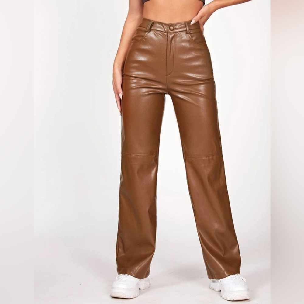 Brown Leather Straight Leg Pants